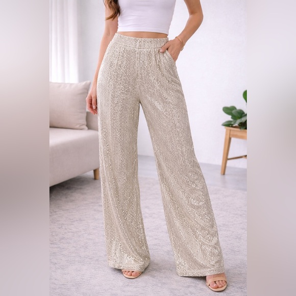 Eliza J Pants - Eliza J Gold Sequin Wide Leg Pants Womens 6 NWT High Rise Glam Evening